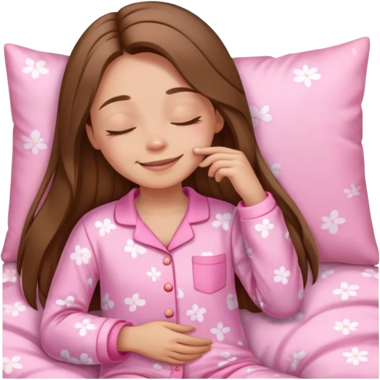 The brown long hair girl going to sleep in pink pajama with smile and closed eyes emoji