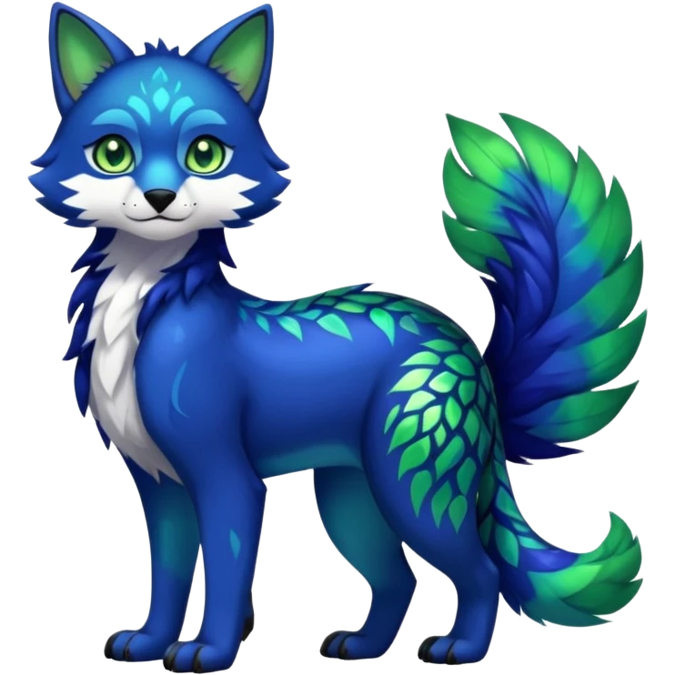 Colorful dark tropical cobalt-blue, black, white fur, with green eyes, iridescent glorious divine exotic cute cool beautiful shiny beautiful fantasy-caracal-civet-genet-sergal-vernid-Cacomistle-Furret-civet-oncilla-animal-Fakémon-hybrid-fursona with pattern markings (full body) emoji