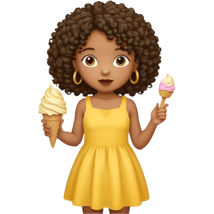 a little black girl kid with curly hair, yellow dress, eat ice cream emoji