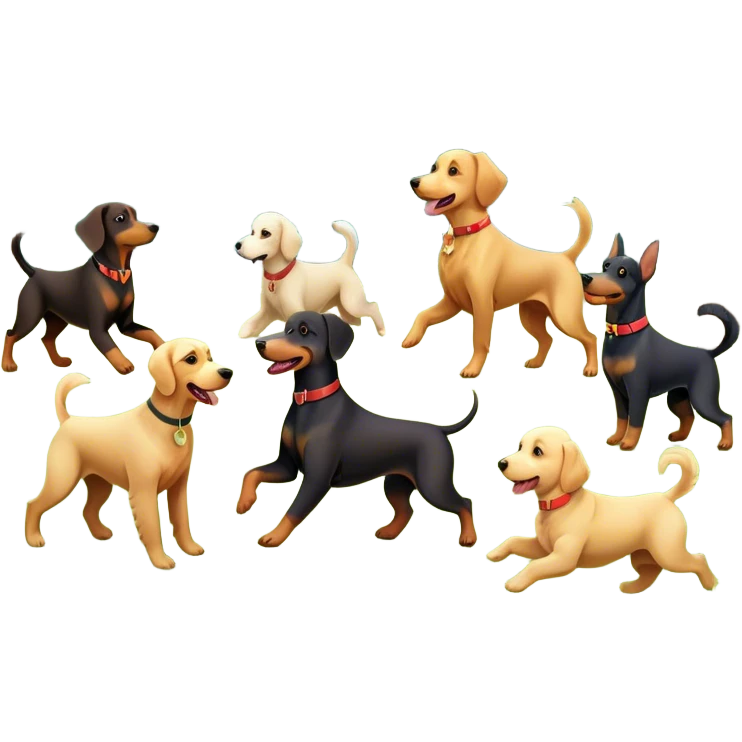 Collage of various dog breeds like Doberman, Poodle, Dachshund, and Golden Retriever, playing in a park with trees and grass. Some dogs run, others sit, all are full of energy and happiness. A joyful, colorful scene with playful expressions. Transparent background. emoji