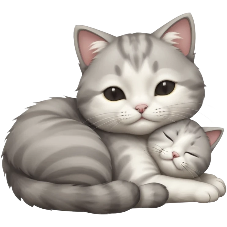 1 grey and white small cat with its eyes closed lying down leaning on its elbow with its paw curled under his head holding it up emoji