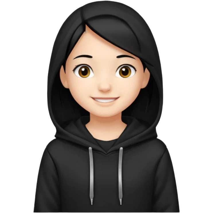 후드티 입은 초딩여자 아이.후드 안 씀. 검은색 후드티와 검은 머리.  emoji