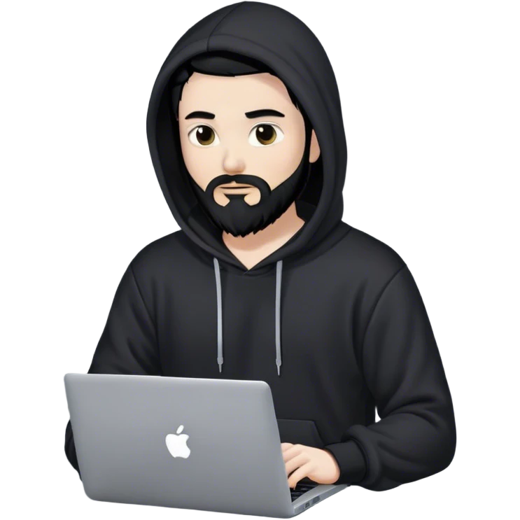 hackeur blanc cheveux noir barbe et capuche noir avec un macbook emoji