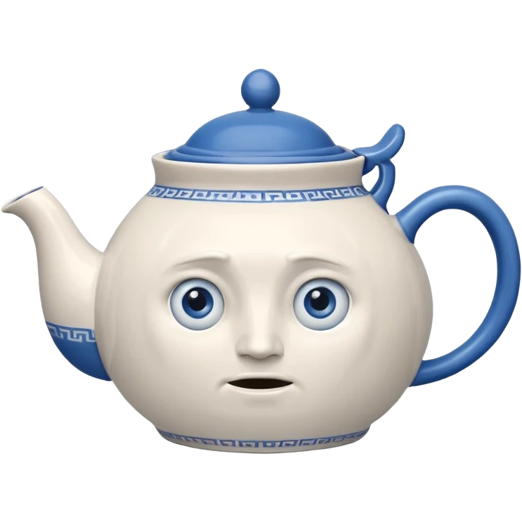 It is a large teapot with legs and a handle extending into an arm. It also has a face with wide-open blue eyes, the frowning like face. emoji