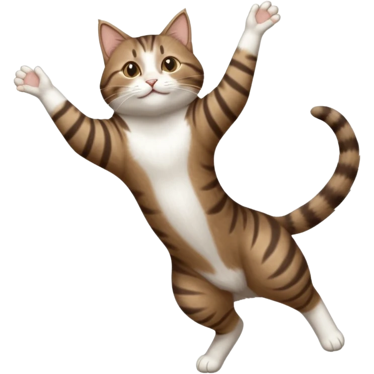 dark brown tabby and white cat with doing a big extremely long stretch reaching up into the air with arms and legs side by side together straight and overextended whilst lying on its side emoji