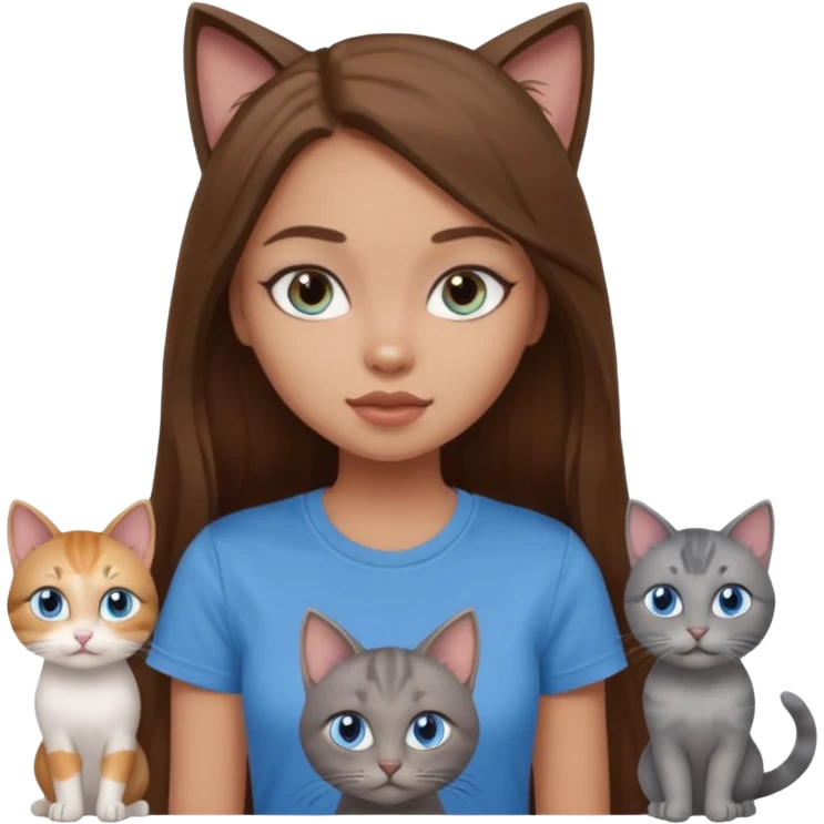 a pretty bratz dusky light skin girl with long brown hair, blue eyes with six cats nd wearing a grey tshirt emoji