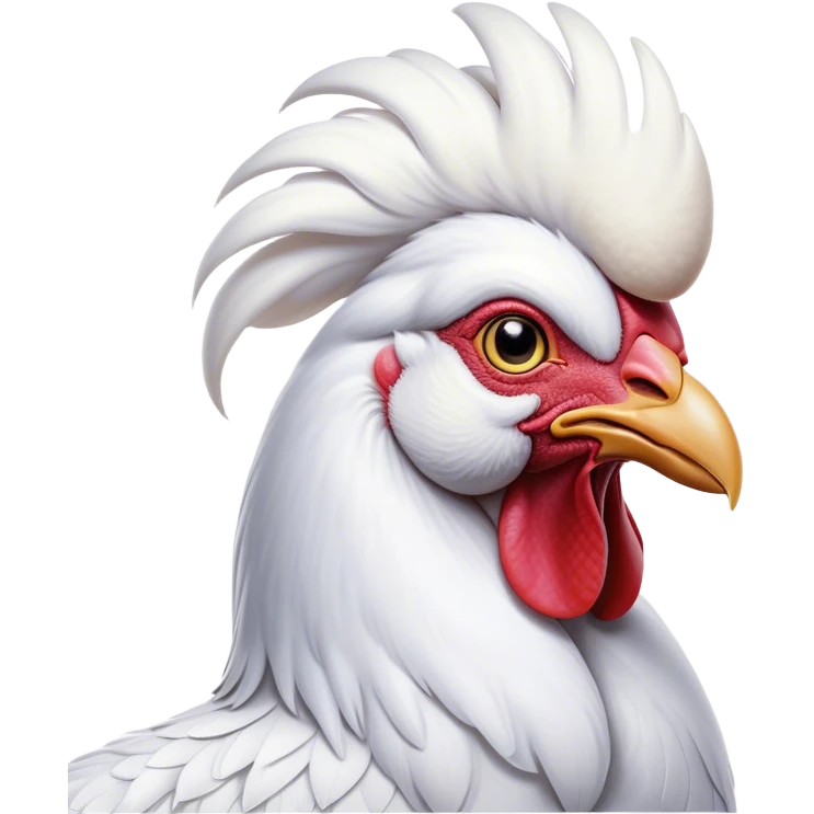 Cinematic Noble White Rooster Portrait Emoji, Poised and regal, with a robust, commanding build and a pristine, well-groomed pure white plumage, deep-set soulful piercing eyes, Simplified yet sharp and sophisticated features, highly detailed, glowing with a soft, dignified glow, high shine, intelligent and proud, stylized with an air of barnyard majesty, focused and attentive, soft glowing outline, capturing the essence of a watchful and confident leader, so majestic it feels as though it could crow out of the screen with effortless authority! emoji