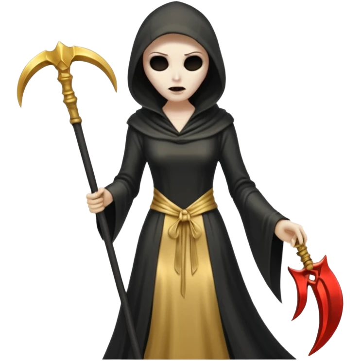 feminine grim reaper in a gold with scythe emoji