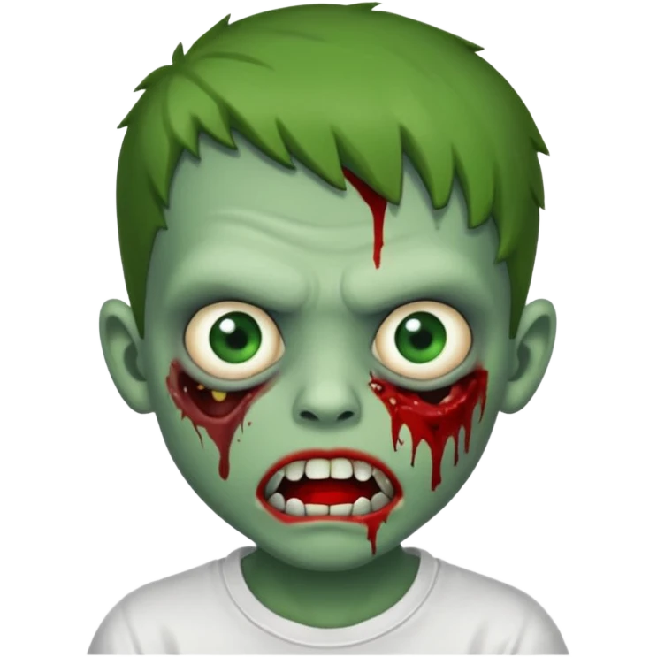Faça um menino zumbi com a boca meio torta com machucado fo lado da boca camisa branca emoji