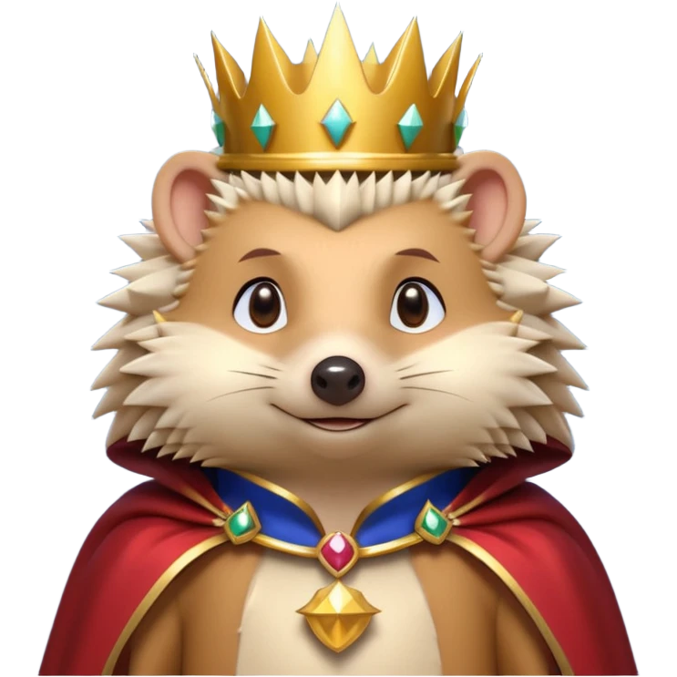 king hedgehog portrait, head and shoulders only, wearing a small golden crown, royal cape collar, proud confident expression, cute spiky fur details, fantasy royal vibe, 3D cartoon, mobile game icon style, clean background, no text, no watermark
 emoji