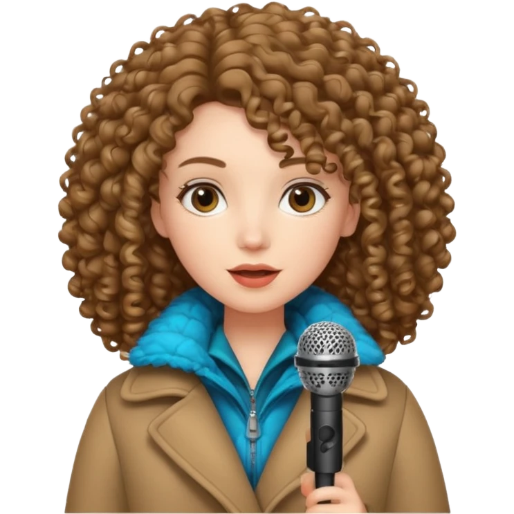 curly haired woman with winter clothes holding microphone emoji