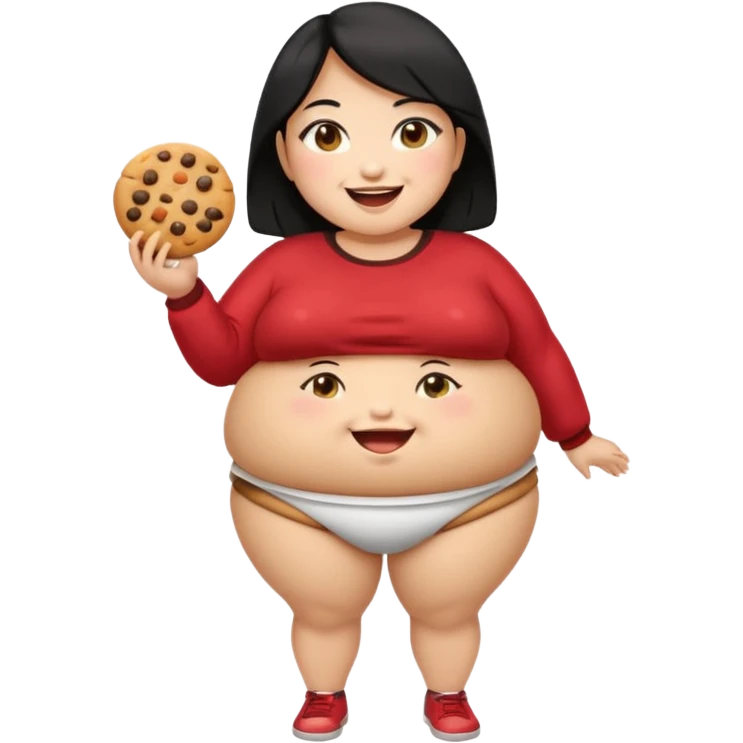 create a humongous asian girl with black hair, with 2 burgers and a cookie in her mouth, she is super obese, please make her a full body emoji, mega huge tummy   emoji