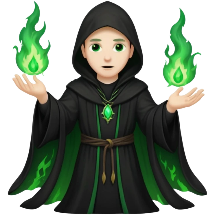 A dark sorcerer in flowing black robes, conjuring eerie green flames emoji