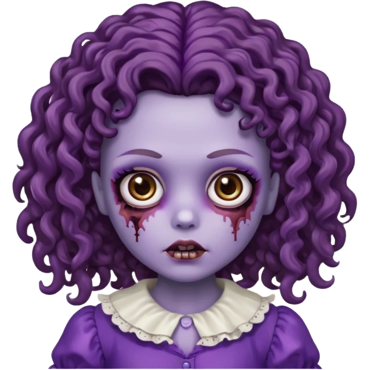faça uma boneca zumbi com olhos castanhos e cabelo cacheado castanho e a parte de baixo do cabelo roxo emoji