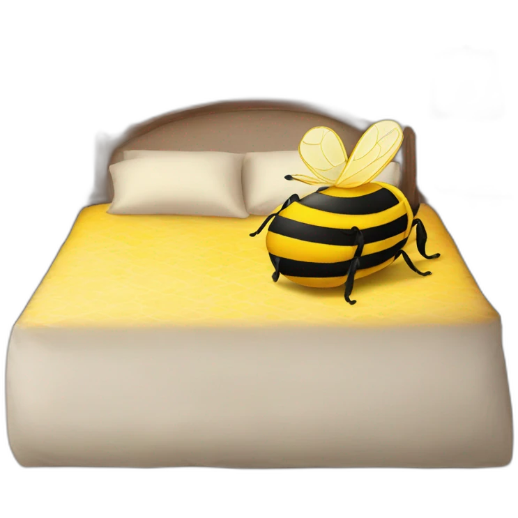 A bed with a giant bee on with a smiley face pillow emoji