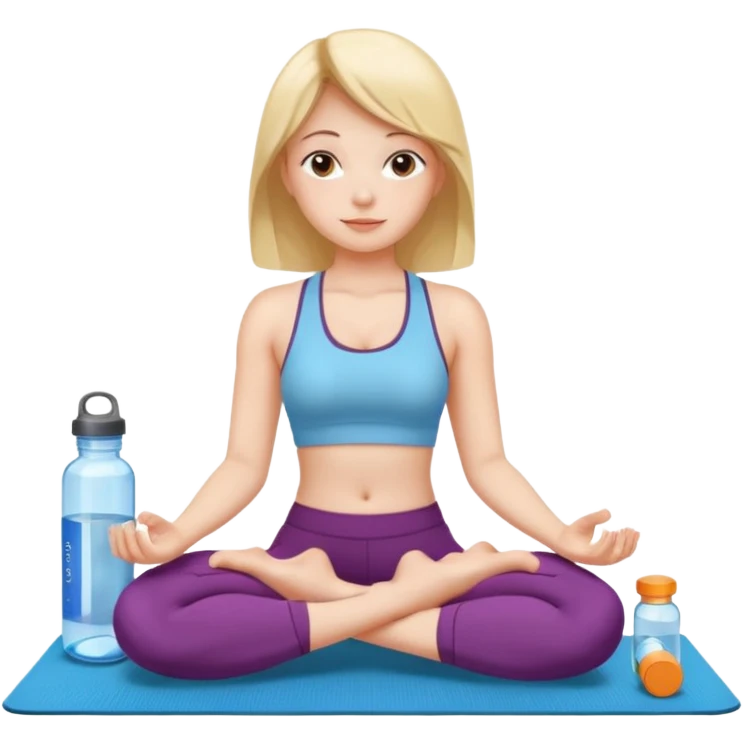 Девушка сидит на коврике для йоги и рядом стоит вода, таблетки, гантели  emoji