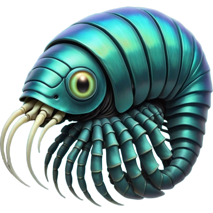 An iridescent, chitinous trilobite with glowing cyan eyes pulses rhythmically as a miniature black hole orbits its brow, distorting space-time. Its fractal-patterned exoskeleton shifts colors unsettlingly, and its mouth opens into a spiraling void that hums with forgotten whispers.







 emoji