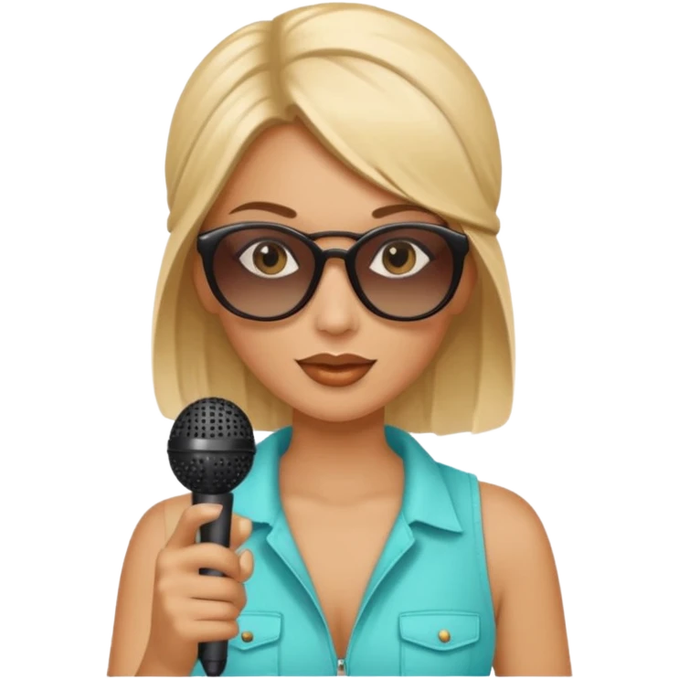 woman with summer clothes and sun glasses holding microphone emoji