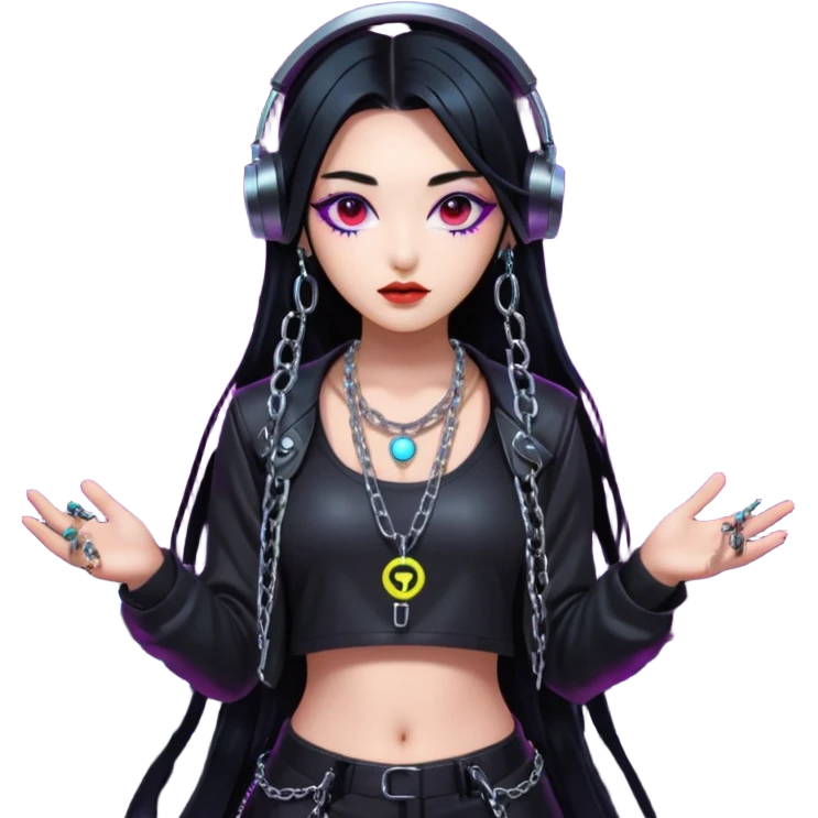  korean-techno-dj-girl,-wearing-a-stylish-edgy-outfit-with-metallic-chains,-long-black-hair,-performing-in-a-neon-lit-underground-club,-cyberpunk-aesthetic,-high-detail-3d-emoji-style,-energetic-and emoji