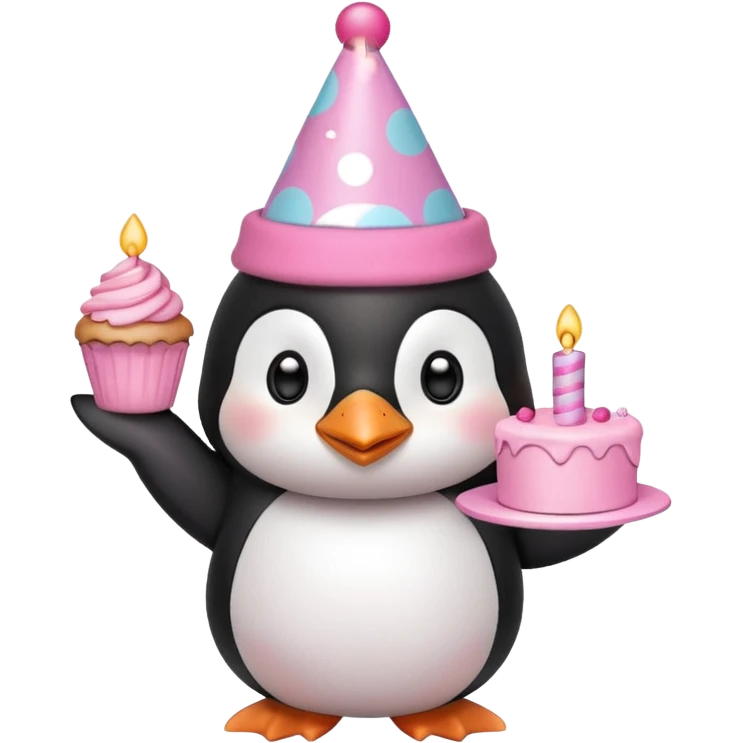 cute penguin  hold a pink birthday cake in both arms with pink birthday hat emoji