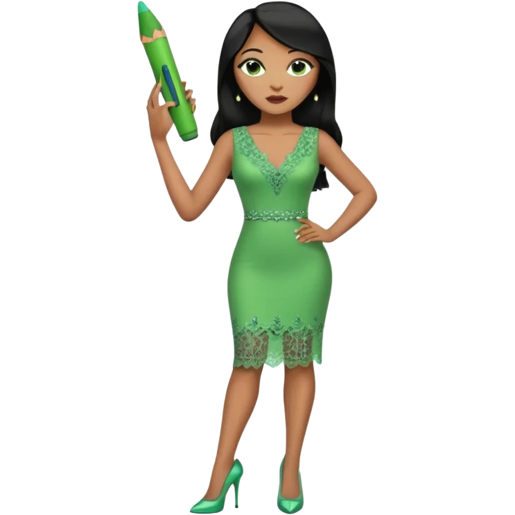 A plus-size light-skinned Black woman is wearing makeup. She has long, straight, waist-length black hair and is wearing a green sleeveless dress with rhinestones and lace and a low neckline. She is standing in green high heels and is holding a crayon in one hand, with the other hand raised. emoji