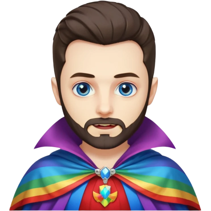 Vampire with blue eyes, short beard/scruff and rainbow cape emoji