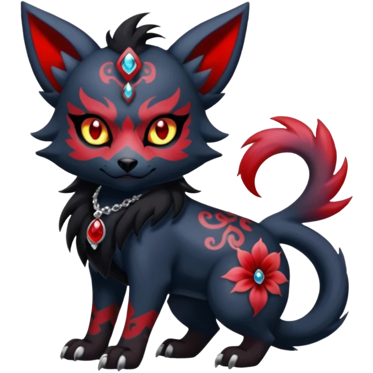 Asian-painted tattooed oriental Floral gothic edgy emo cool and ruby-jewelry-adorned Absol-Litten-Zorua-Houndour-fusion-Fakemon-animal-creature  emoji
