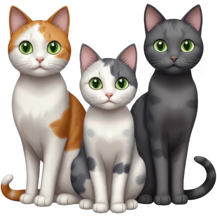 3 different coloured small cats including a dark grey and white, and a patchy calico and a completely solid dark grey with green eyes and only white paws emoji