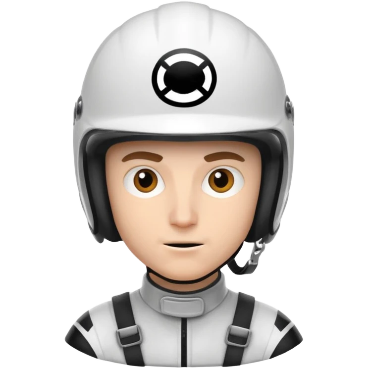 white male racer in helmet, crazy look emoji