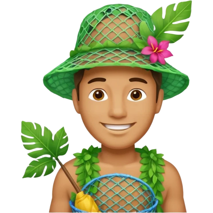 Hawaiian man with leaf hat and big trash net and colorful cloth emoji