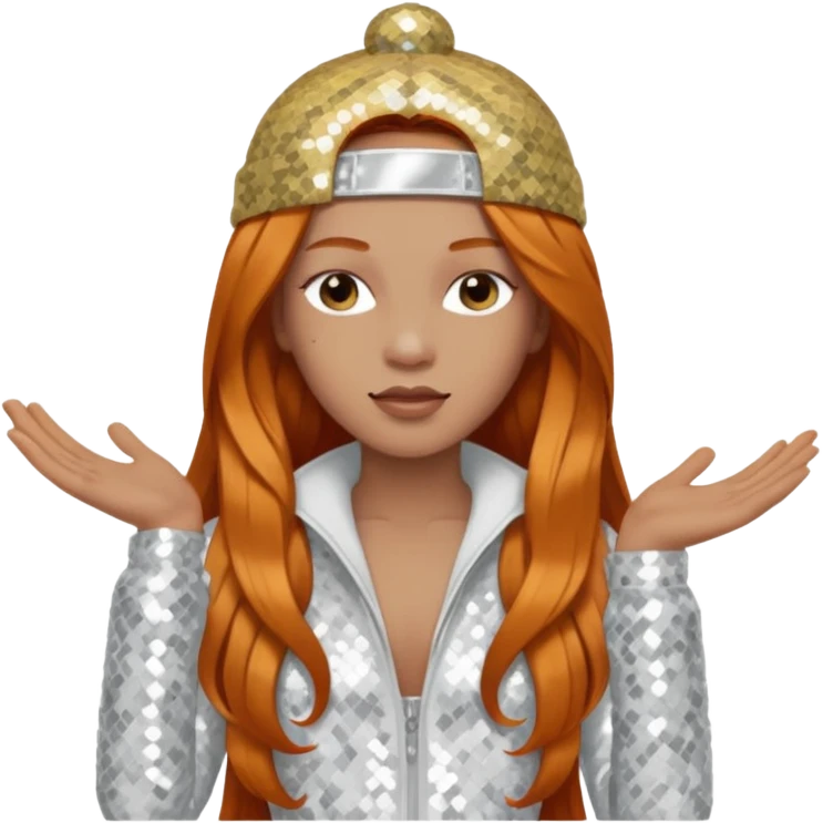 Ice Spice, Rapper (b.2000) with long ginger hair, ivory tour sequin outfit emoji