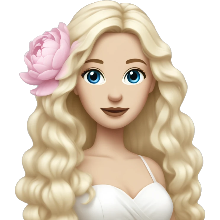 White bride with long light blonde hair and blue eyes with light pink peonies in hair white skin emoji