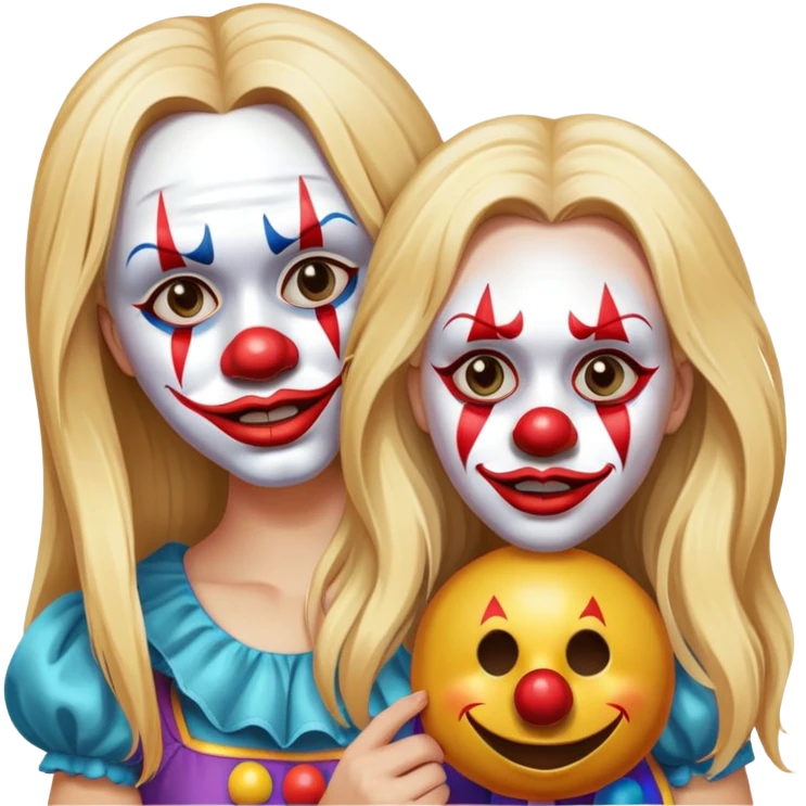 Disappointed upset Blonde girl with long hair holding one happy clown mask beside her face isolated  emoji