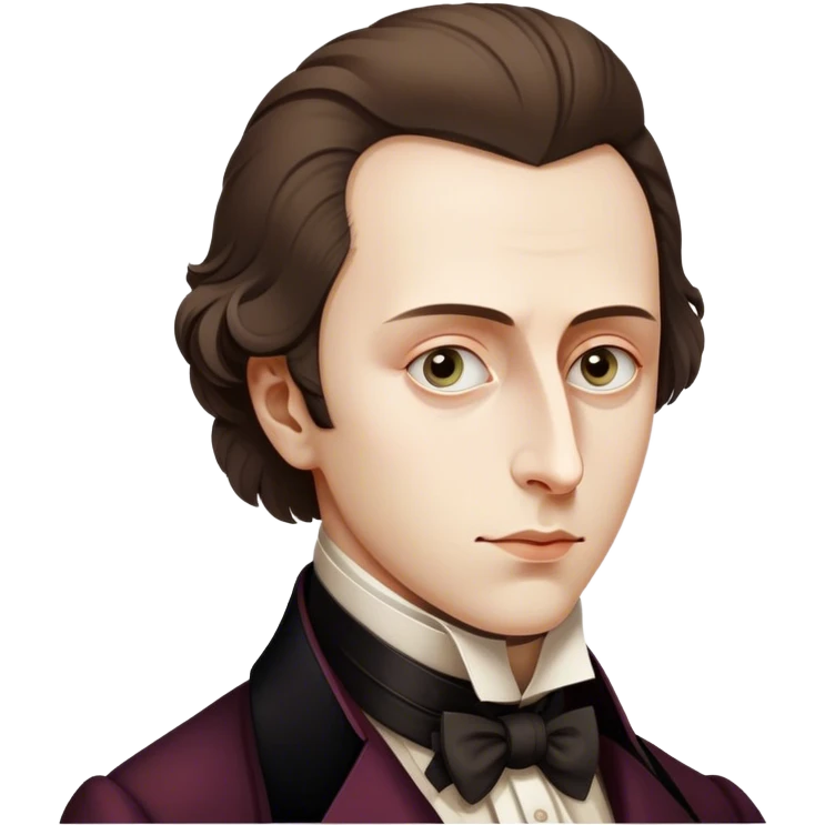 Cinematic Realistic Chopin Portrait Emoji, depicted as an introspective composer with expressive eyes and period attire, rendered with rich textured detail and soft classical lighting that captures his emotive musical genius. emoji