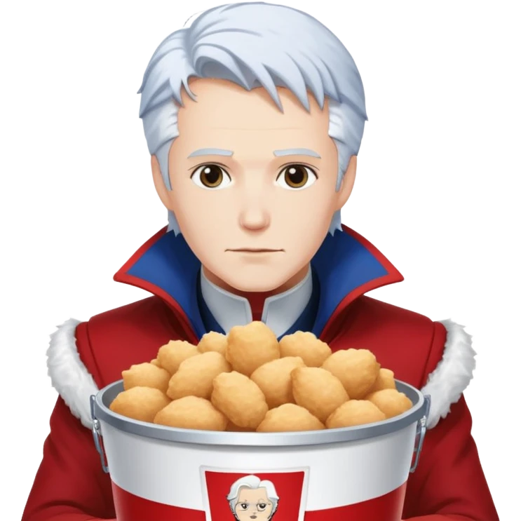 Dante and Vergil from Devil May Cry sitting together in a KFC family bucket, Dante in red coat, Vergil in blue coat, both with white hair emoji