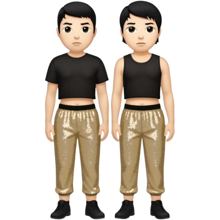 Chino Moreno with black hair, black sequin crop top, beige sequin baggy pants emoji