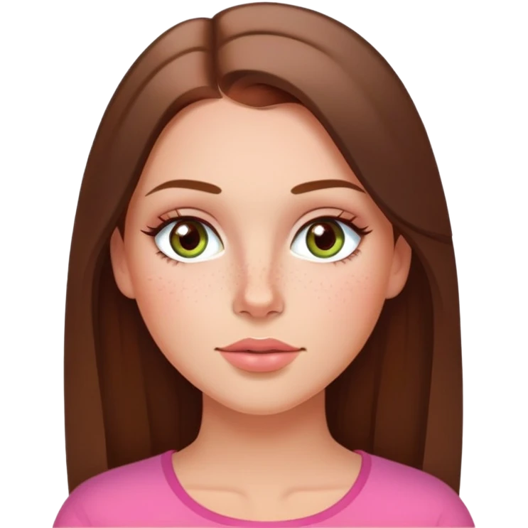 Long hair straight Brunette and hazel green eyes  slightly tanned white girl with pink peach lips and rosy red cheeks with a few freckles emoji