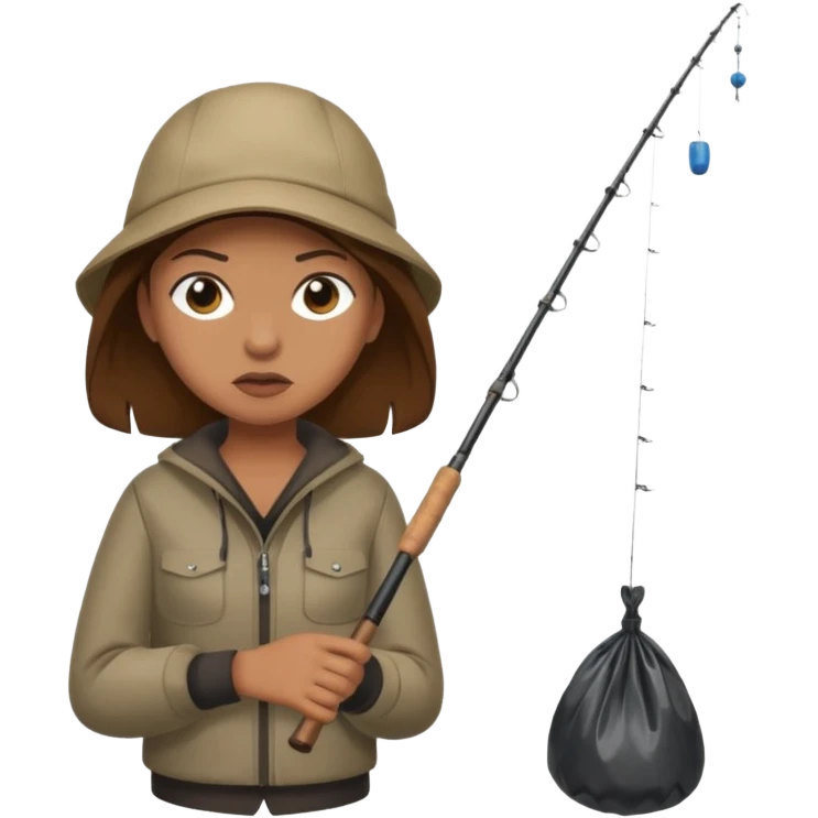 girl fishing, caught trash bag on rod emoji