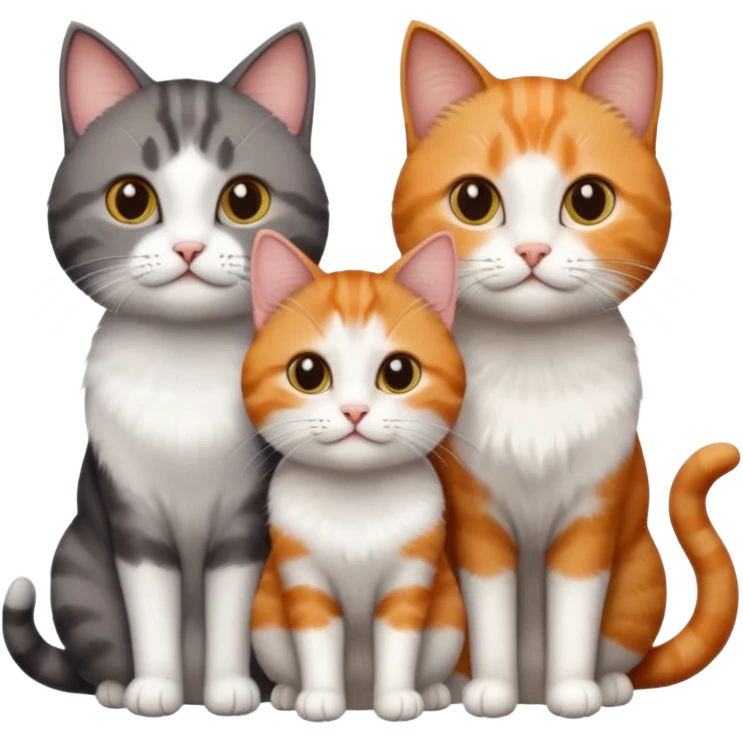 3 different coloured short haired cats including; a dark brown tabby and white cat, and a dark grey and white and a ginger and white emoji