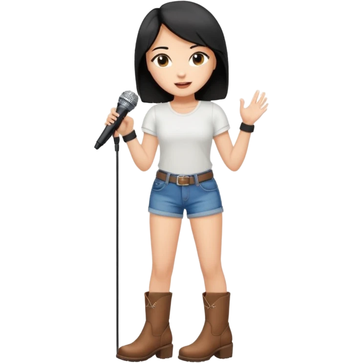 Crie uma cantora morena charmosa de shortes top e bota com microfone branca e cabelo preto emoji