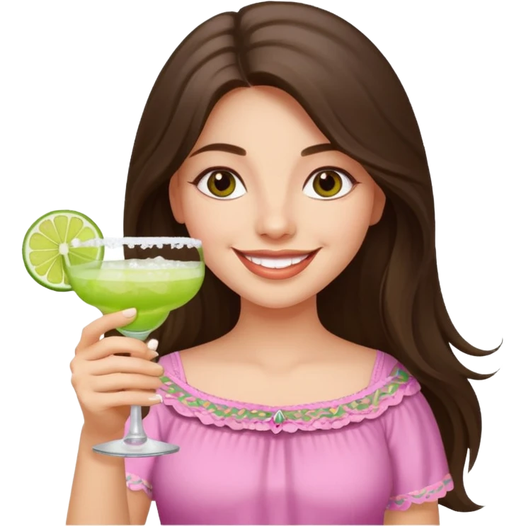 happy long haired brunette girl hazel eyes in light pink holding a margarita   emoji