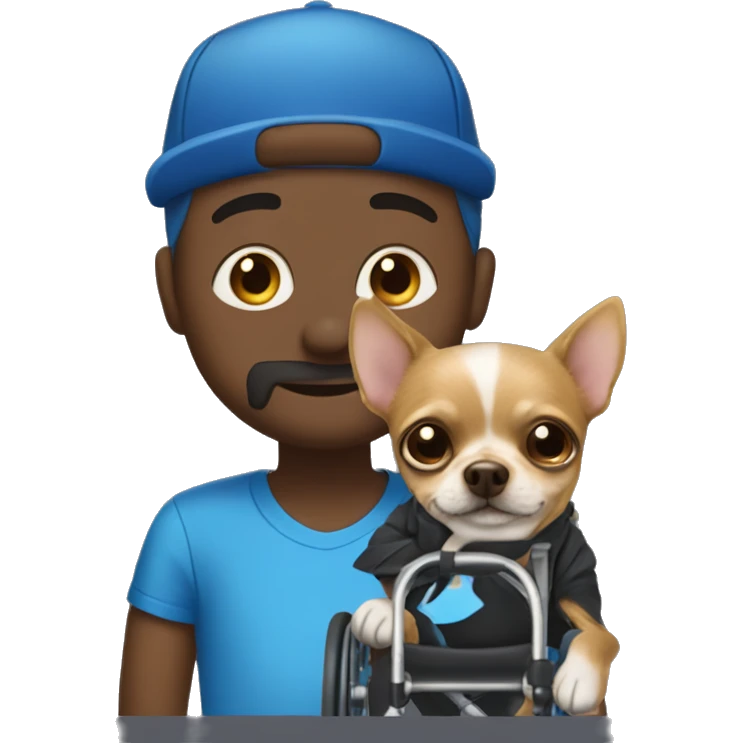 Dark man in wheelchair with a blue AF hat on with a yorkie chihuahua on his lap￼ emoji