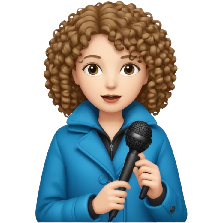 curly haired woman with winter clothes holding microphone emoji