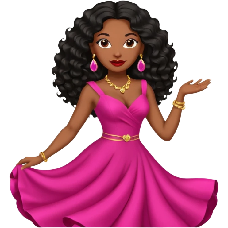 confident mature Black woman with long black wavy hair, pink lipstick, red dance dress, big earrings emoji