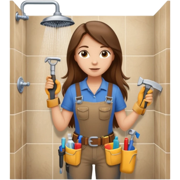 beautiful girl with long brown hair constructing new bathroom area with new shower and amenities  emoji