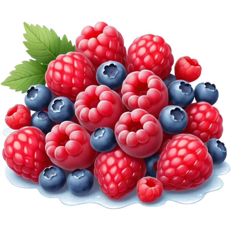 small mix of whole frozen berries including raspberries, strawberries, blueberries, redcurrants, coated with a light frost layer, slightly muted colors and icy sparkle, loosely clustered or lightly scattered, no bag, bowl, or garnish, just the fruits, soft lighting, subtle shadows, emoji scale emoji