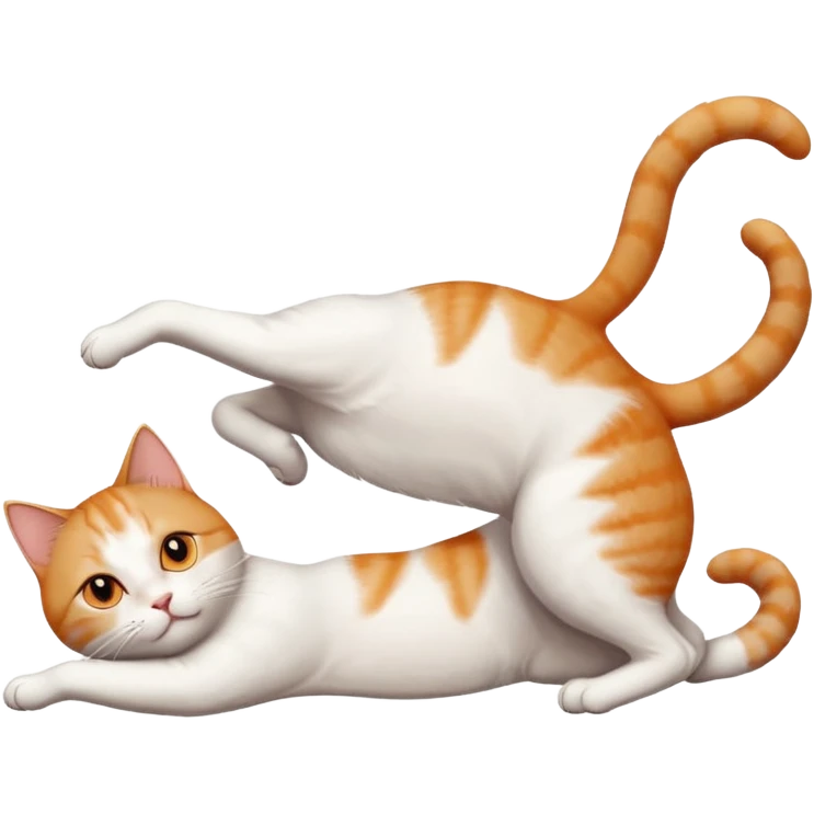 ginger and white cat with orange eyes doing a big extremely long stretch reaching up into the air with arms and legs side by side together straight and overextended whilst lying on its side emoji