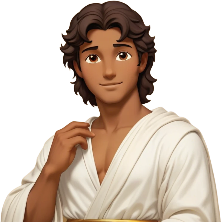 Cinematic Realistic Hercules Portrait, head tilted playfully and inquisitively, showcasing a charming blend of Disney heroic charisma and the refined grace of Michelangelo's David. His sun-kissed bronze skin and thick, wavy dark hair are rendered with classical precision, complementing a warm, inviting smile and sparkling, mischievous eyes. Clad in a softly draped white robe with subtle golden details, he exudes approachable strength under gentle, natural lighting. emoji