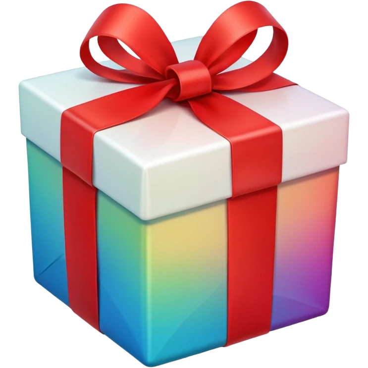 A square gift box tied with a bright red ribbon, in Apple iPhone emoji style. Vibrant colors, smooth gradients, glossy highlights, clean simple shapes, no outlines, slight 3D depth. emoji