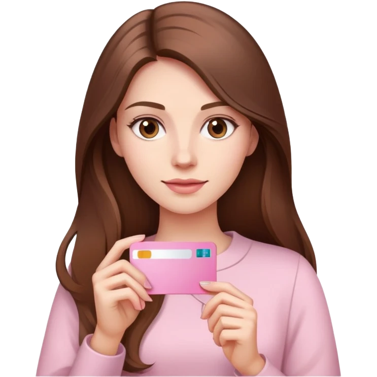 Femme au cheveux long et châtain qui tient une carte bancaire rose pale  emoji